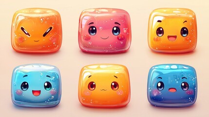Fototapeta premium Adorable Kawaii Jelly Cubes: Cute Cartoon Characters, Colorful Icons, Fun Digital Art, Whimsical Illustrations, Playful Designs, Sweet Emoji, Happy Graphics