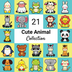 21 Cute Animal Collection, duck, sheep, frog, cow, rabbit, zebra, elephant, monkey, lion, giraffe, Panda, Penguin, Bear, Racoon, Donkey, Horse, Dog, Chicken, Crocodile, Koala, Cat
