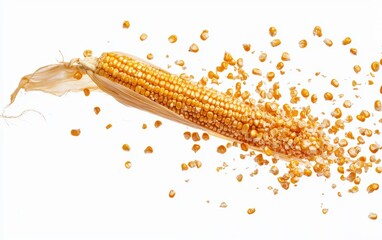 Fototapeta premium A deconstructed corn cob with kernels scattering in motion mid-air on white