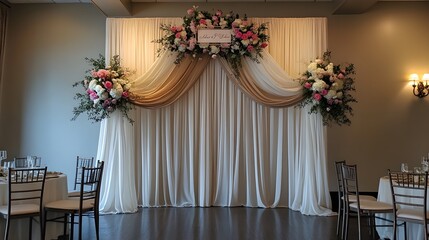 A stunning event decoration arch backdrop featuring personalized signage at the top, surrounded by elegant floral arrangements and soft draped fabric. The customized sign creates a memorable 