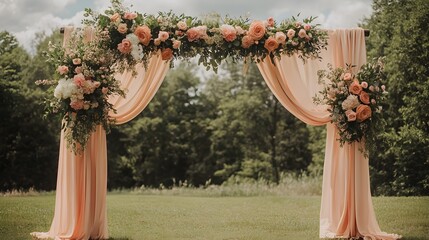 A stunning event decoration arch backdrop featuring personalized signage at the top, surrounded by elegant floral arrangements and soft draped fabric. The customized sign creates a memorable 