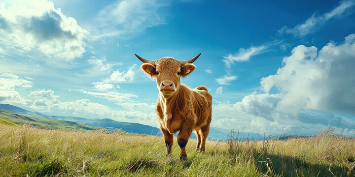 playful Highland calf stands in sunny field, surrounded by lush grass and blue skies - Powered by Adobe