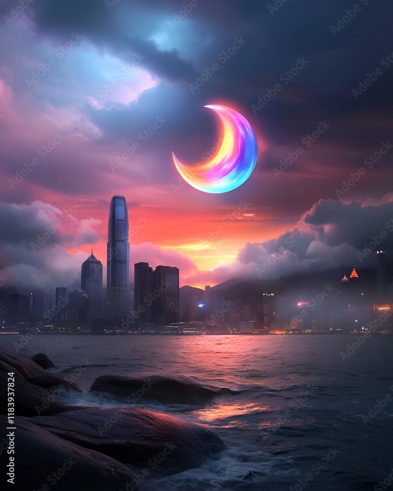 Poster hypnotic crescent moon illuminates the dramatic cyberpunk inspired skyline with a mesmerizing irides