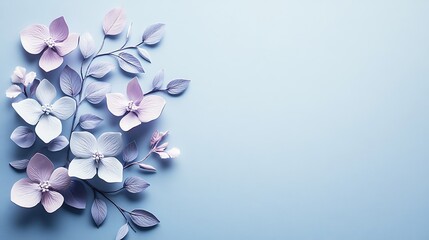 Pastel Flowers and Leaves on a Light Blue Background