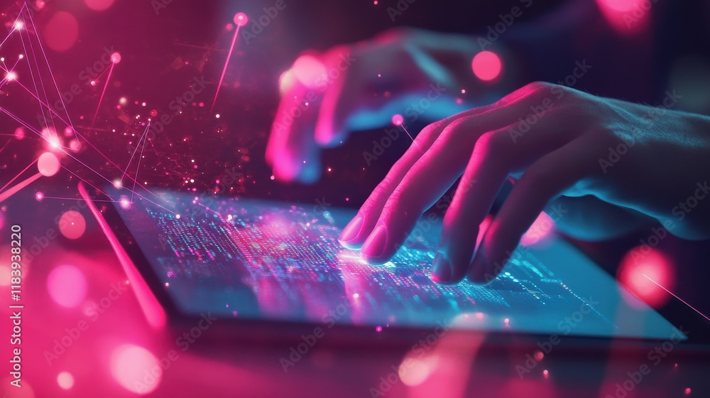 Poster close up of businessman hand using tablet with abstract coding and digital web hologram on pink back
