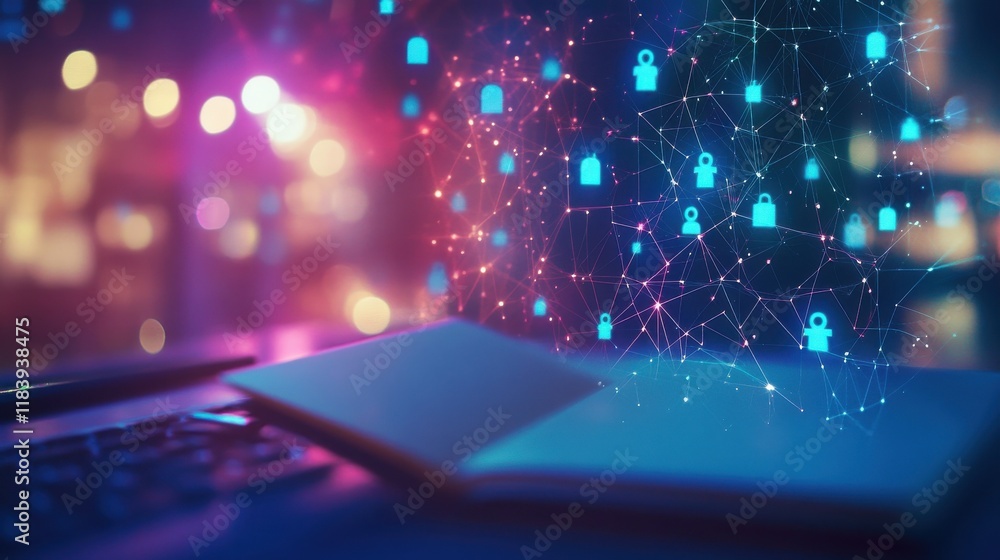 Aufkleber close up of notebook on desktop with creative glowing connected people icons on blurry background. p