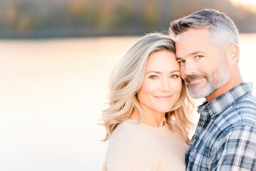 Obraz premium Mature couple embraces near a calm lake during sunset, reflecting love, contentment, and togetherness in nature's serenity. 