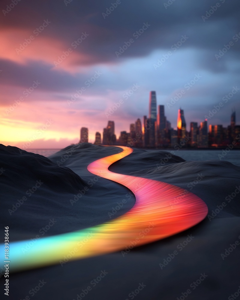 Poster hypnotic holographic cityscape with a mesmerizing iridescent gradient effect undulating metallic foi