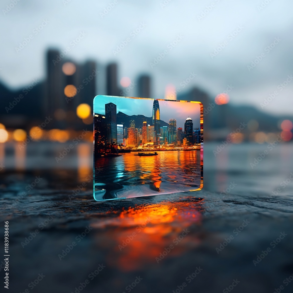 Poster captivating holographic display showcasing a glowing futuristic metropolis skyline with a captivatin