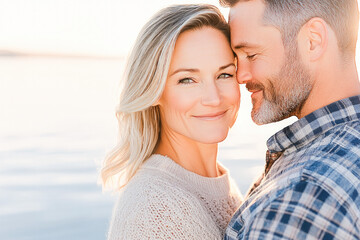Mature couple embraces near a calm lake during sunset, reflecting love, contentment, and togetherness in nature's serenity. 