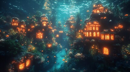 Submerged City: An Enchanting Underwater Village with Glowing Structures