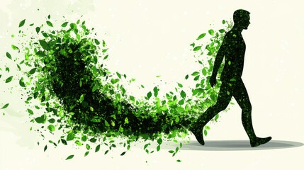 Silhouette of a person walking, transforming into green leaves