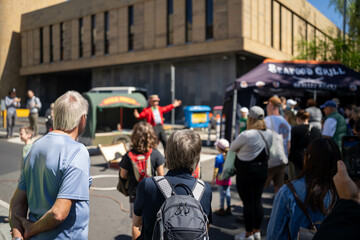 tourist at farmer market, at salamanca market in hobart australia in town