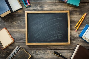 Blank chalkboard surrounded by books and writing tools
