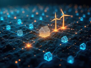 Modern renewable energy landscape featuring wind turbines and digital homes powered by green energy technology