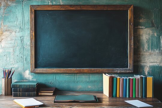 Rustic Classroom Setting With Blank Chalkboard And Books