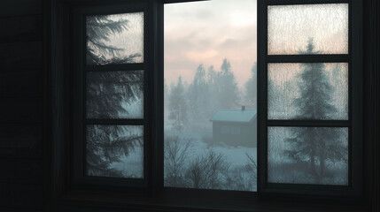 Fototapeta premium Snowy Mountain Sunrise from Cozy Window Seat, Perfect for Winter Home Decor and Calming Wall Art