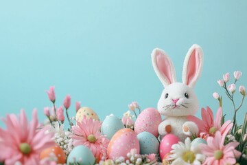 Cute bunny with pastel eggs and flowers in a spring celebration setting