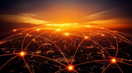 A digital network overlaying a sunset cityscape, symbolizing connectivity and technology.
