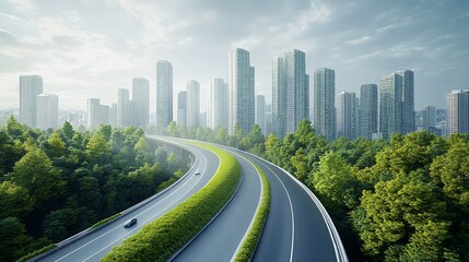 Fototapeta premium Elevated highway curves through city, green landscape