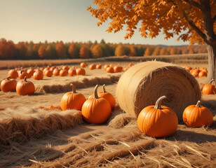 A pumpkin patch with hay bales and autumn leaves.