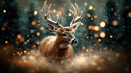 Majestic white tailed deer delicately picking its way through a glittering Christmas scene its fur sparkling with frost and elegant antlers framing its noble head