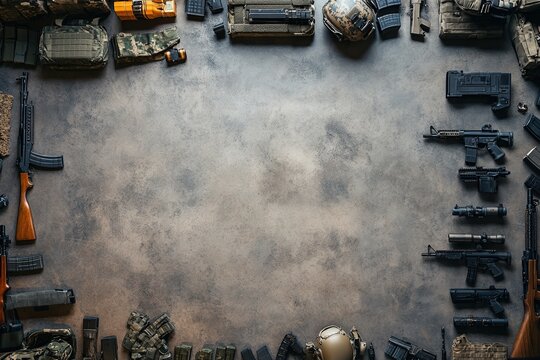 Military Gear and Weaponry Arranged on a Surface
