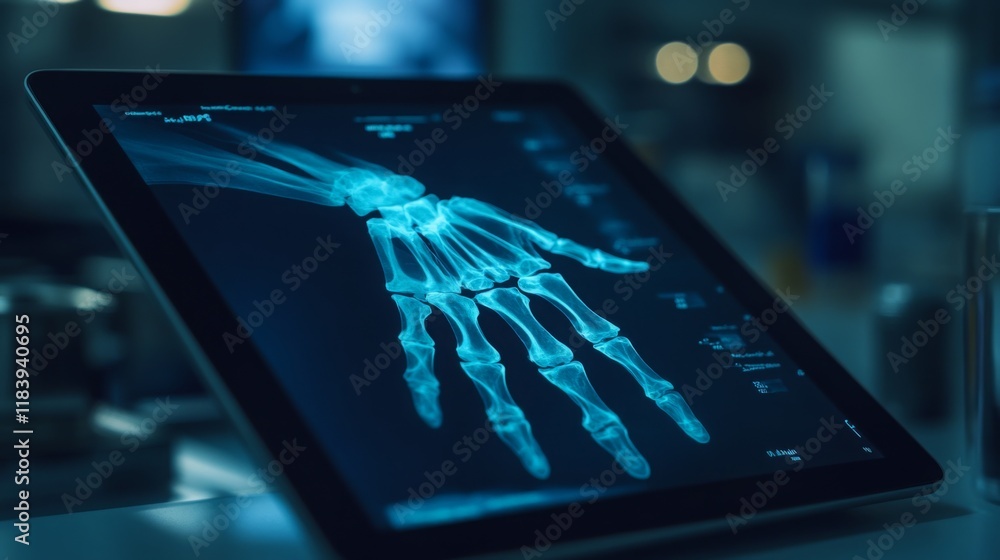 Fototapete A digital tablet displays a clear X-ray image of a human hand, showcasing the intricate bone structure. The analysis is taking place in a busy medical environment, emphasizing advanced technology.