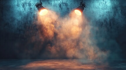 Glowing spotlight against abstract grunge wall with smoke and copy space. Event concept. 3D Rendeirng.