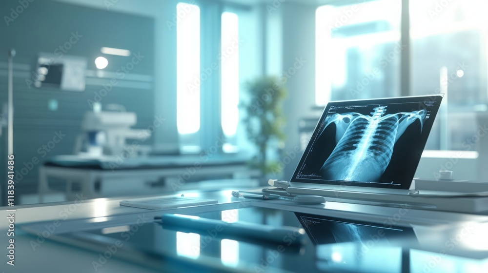 Poster a modern medical examination room features a computer displaying an x-ray of a human chest. the sett