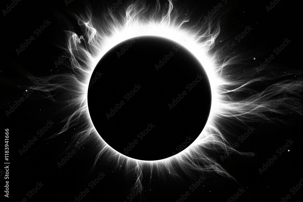 Poster solar eclipse with bright white glowing corona in abstract style, on dark cosmic background with sub