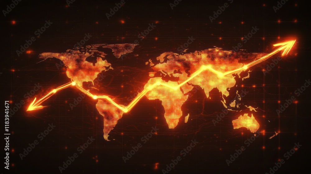 Poster business chart with glowing arrows and world map