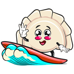 Cute gyoza dumpling vektor illustration mascot character surfing happily, Xiao Long Bao, Asian, Chinese food, work of hand drawn