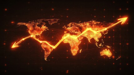 Business chart with glowing arrows and world map