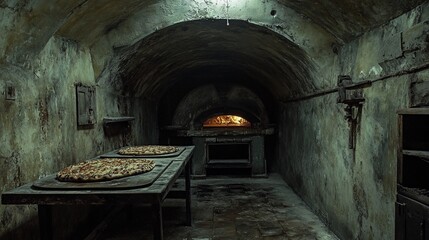 Ancient cellar pizza oven baking, stone walls, food