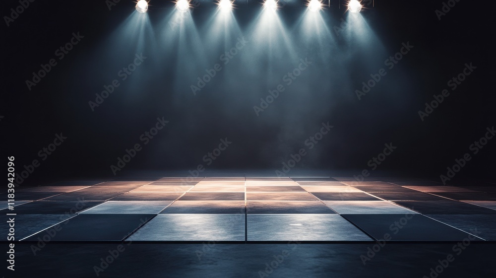 Poster empty performance stage with light squared floor and illuminated from spotlights on top. 3d renderin