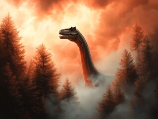 Colossal Brontosaurus sauropod dinosaur standing tall and proud amidst a primeval misty forest landscape in a dramatic expressive oil painting style  The prehistoric creature s intricate scaly skin