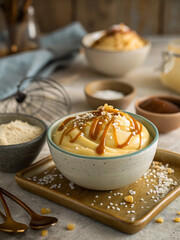 Cozy dessert scene with indulgent pudding design for national dessert day celebration.