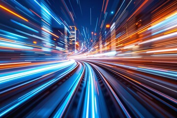 Futuristic train tracks with vibrant blue and orange neon light trails against a dark cityscape background. Concept of motion and technology. Ai generative