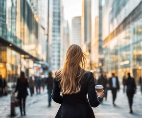 Fototapeta premium Woman walks through a bustling city street holding a coffee cup during golden hour