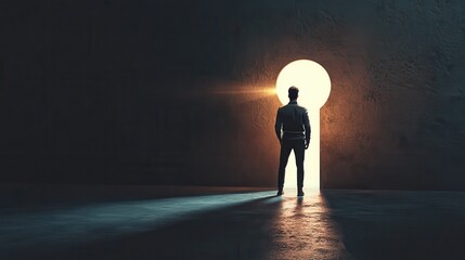 Obraz premium Backlit man standing in bright keyhole opening on dark background with mock up place and light rays. Dream, future and opportunity concept