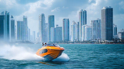 A speedboat racing past Miami Beach, with skyscrapers rising in the background, during a thrilling water activity