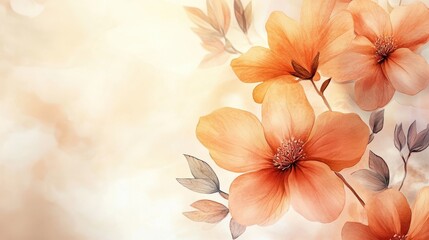 Abstract spring season floral Background. Warm tone blossom wallpaper design with wild flowers, blooms and leaves. Line art and watercolor texture perfect for banner, prints, wall art, decoration.