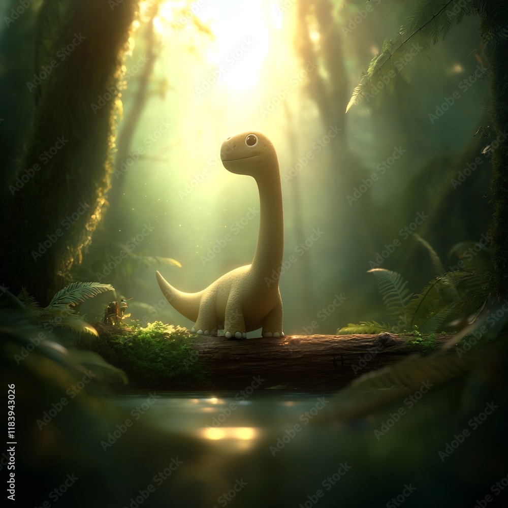 Poster a whimsical and imaginative depicting a dinosaur like creature exploring a dense ancient jungle envi