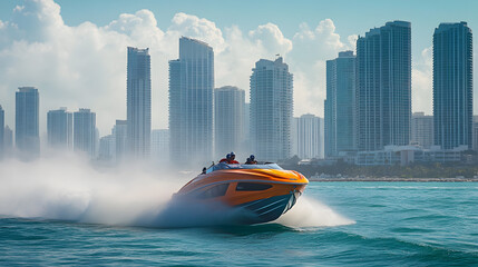A speedboat racing past Miami Beach, with skyscrapers rising in the background, during a thrilling water activity