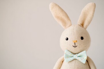 Obraz premium Adorable Handmade Bunny Toy with Colorful Bow Tie on Mint Green Background