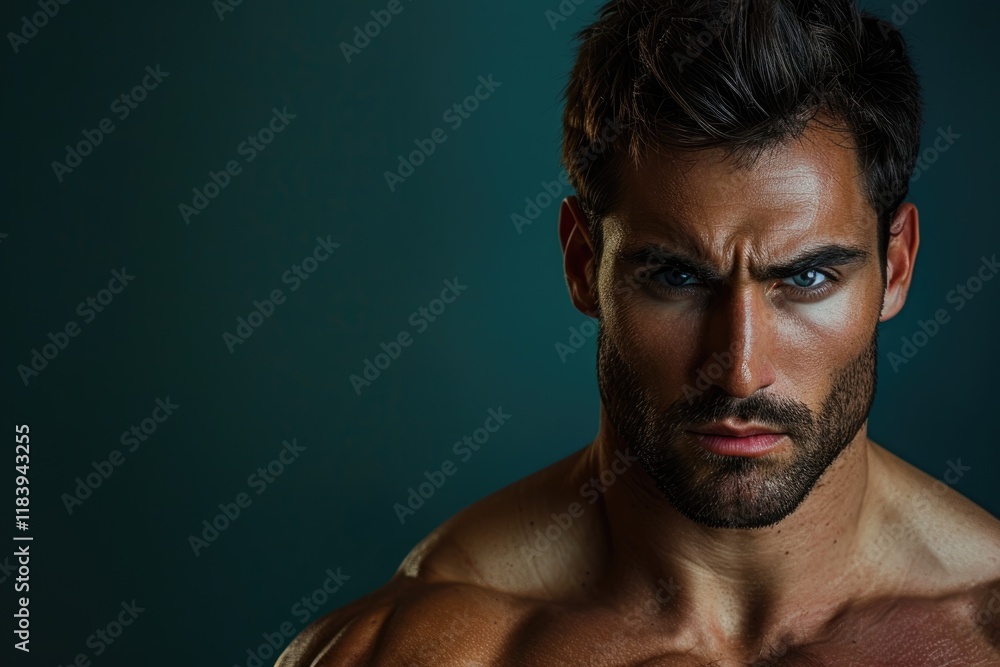 Wall mural muscular man with a sharp gaze and a calm demeanor, solid color background representing the integrat