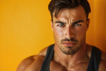 Obraz premium A strong, fit man with a sharp gaze and a calm demeanor, solid color backdrop perfect for gym promotions that highlight the connection between physical and mental fitness