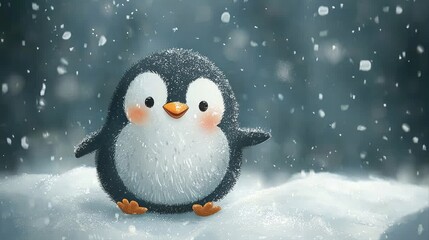 Adorable Penguin in Snowy Winter Wonderland: A Cute and Charming Digital Illustration of a Penguin Enjoying the Snow