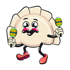 Naklejka premium Cute gyoza dumpling vektor illustration mascot character with moustache playing maracas, Xiao Long Bao, Asian, Chinese food, work of hand drawn